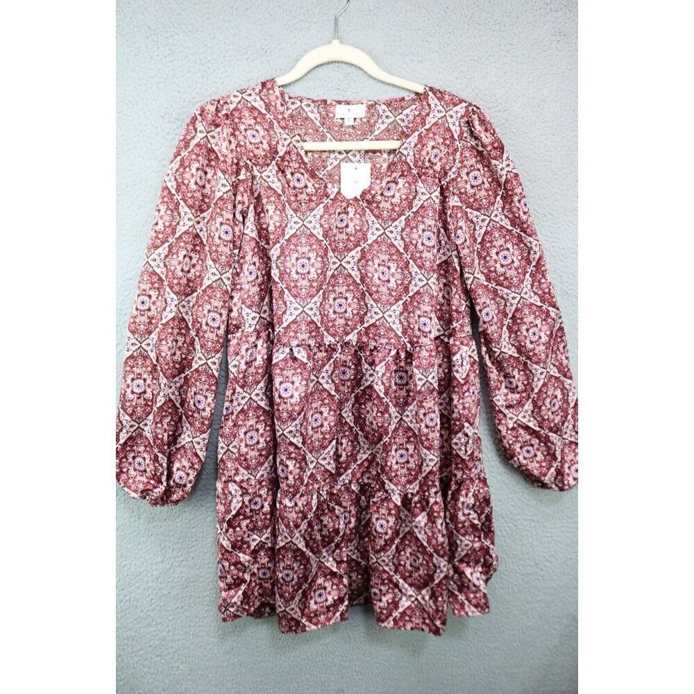 True Craft Geo Print Long Puff Sleeves Dress-Size Small-New w/Tags
